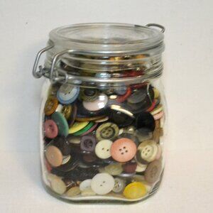 Vintage Clear Glass Jar Full Of Buttons Various Styles Sizes Colors Sewing Craft